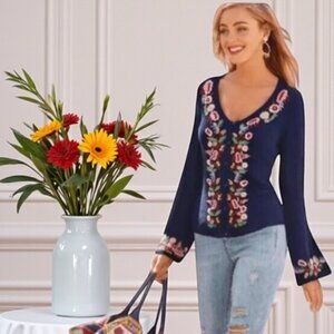 Boston Proper Floral Embroidered Flared Sleeves Cardigan